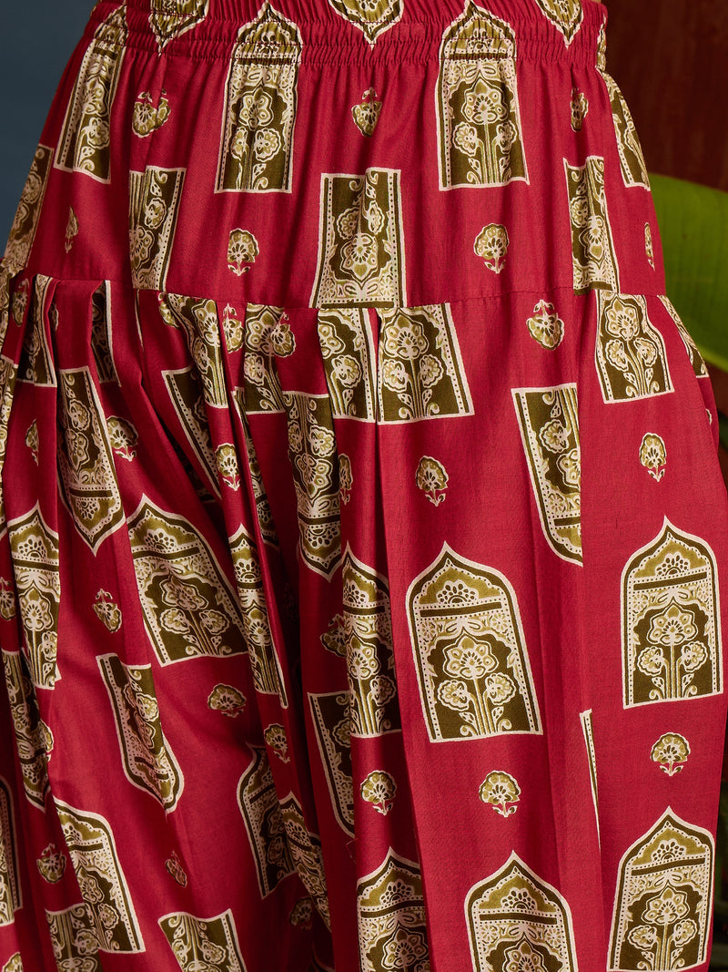 Stylum Women's Red Printed Pure Cotton Short Kurti With Farshi Salwar (KSREDMORAL)