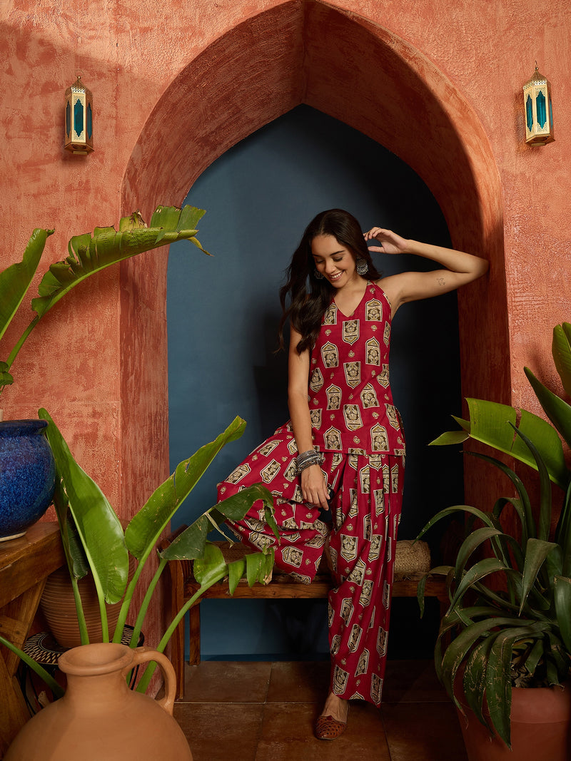 Stylum Women's Red Printed Pure Cotton Short Kurti With Farshi Salwar (KSREDMORAL)