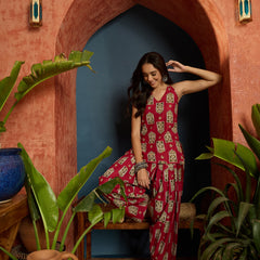 Stylum Women's Red Printed Pure Cotton Short Kurti With Farshi Salwar (KSREDMORAL)
