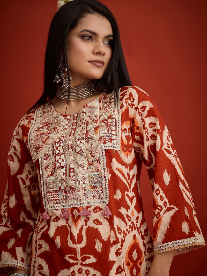 Stylum Women's Rust Ikat Printed & Embroidered Cotton A-Line Short Kurti With Farshi Slawar Set (KSRUSTBLAZE)