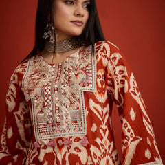 Stylum Women's Rust Ikat Printed & Embroidered Cotton A-Line Short Kurti With Farshi Slawar Set (KSRUSTBLAZE)
