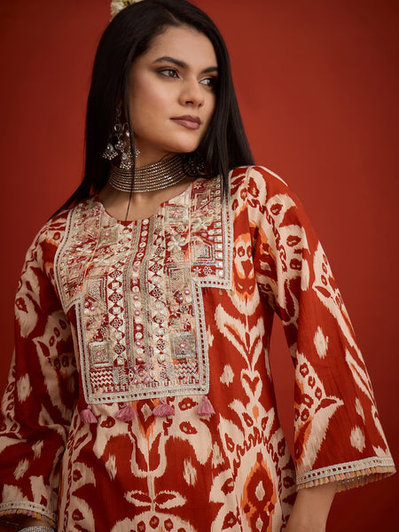 Stylum Women's Rust Ikat Printed & Embroidered Cotton A-Line Short Kurti With Farshi Slawar Set (KSRUSTBLAZE)