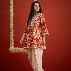 Stylum Women's Rust Ikat Printed & Embroidered Cotton A-Line Short Kurti With Farshi Slawar Set (KSRUSTBLAZE)