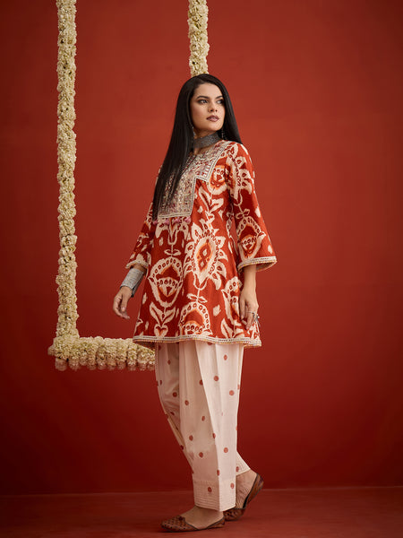 Stylum Women's Rust Ikat Printed & Embroidered Cotton A-Line Short Kurti With Farshi Slawar Set (KSRUSTBLAZE)