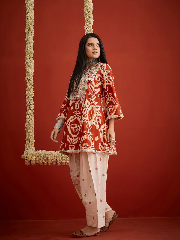 Stylum Women's Rust Ikat Printed & Embroidered Cotton A-Line Short Kurti With Farshi Slawar Set (KSRUSTBLAZE)