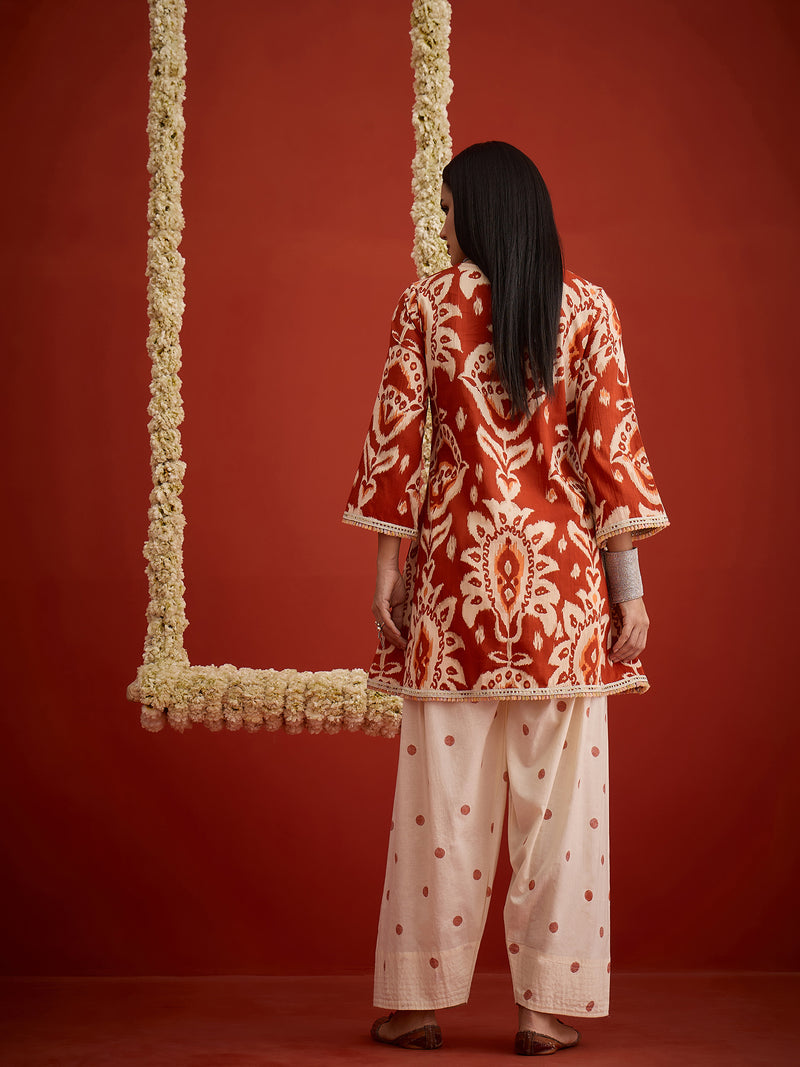 Stylum Women's Rust Ikat Printed & Embroidered Cotton A-Line Short Kurti With Farshi Slawar Set (KSRUSTBLAZE)
