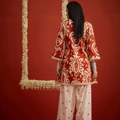 Stylum Women's Rust Ikat Printed & Embroidered Cotton A-Line Short Kurti With Farshi Slawar Set (KSRUSTBLAZE)