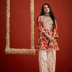 Stylum Women's Rust Ikat Printed & Embroidered Cotton A-Line Short Kurti With Farshi Slawar Set (KSRUSTBLAZE)
