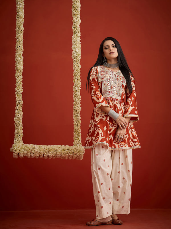 Stylum Women's Rust Ikat Printed & Embroidered Cotton A-Line Short Kurti With Farshi Slawar Set (KSRUSTBLAZE)