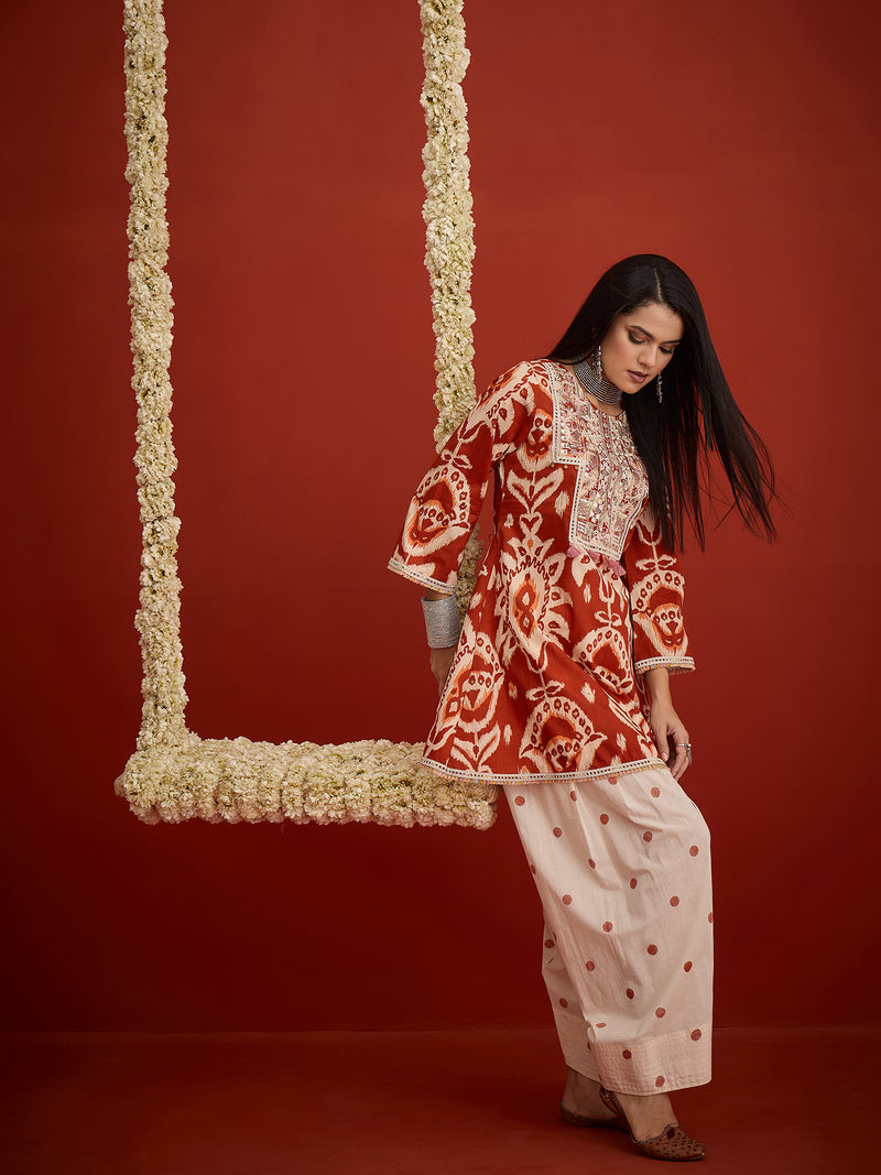 Stylum Women's Rust Ikat Printed & Embroidered Cotton A-Line Short Kurti With Farshi Slawar Set (KSRUSTBLAZE)
