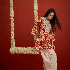 Stylum Women's Rust Ikat Printed & Embroidered Cotton A-Line Short Kurti With Farshi Slawar Set (KSRUSTBLAZE)