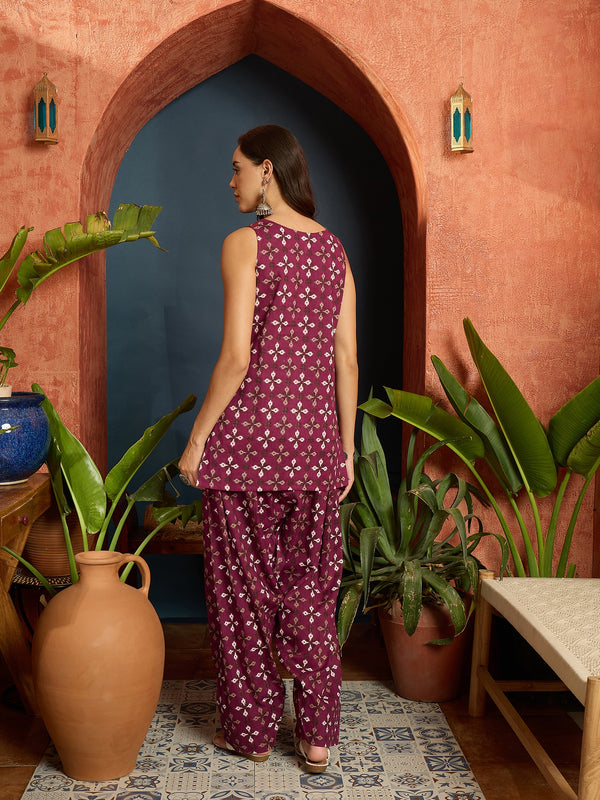 Stylum Women's Rust Ethnic Motifs Printed Pure Cotton Straight Kurti With Farshi Salwar Set (KSRUSTFILLA)