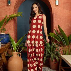 Stylum Women's Rust Polka Dot Printed Pure Cotton Straight Kurti With Farshi Salwar Set (KSRUSTGOTTEX)