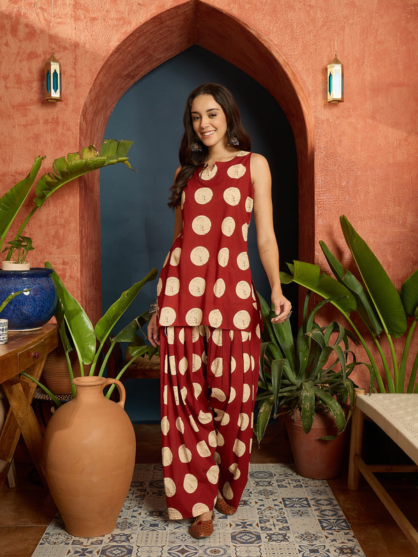 Stylum Women's Rust Polka Dot Printed Pure Cotton Straight Kurti With Farshi Salwar Set (KSRUSTGOTTEX)
