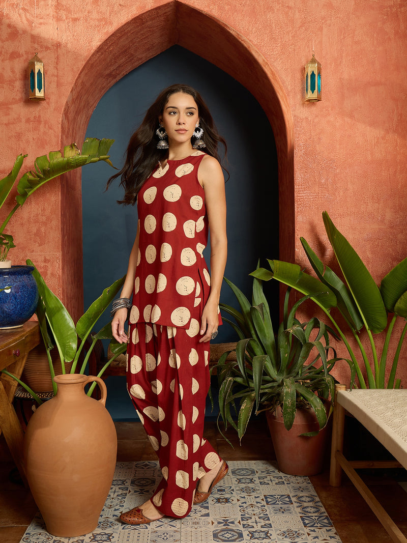 Stylum Women's Rust Polka Dot Printed Pure Cotton Straight Kurti With Farshi Salwar Set (KSRUSTGOTTEX)