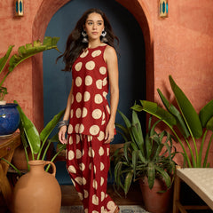 Stylum Women's Rust Polka Dot Printed Pure Cotton Straight Kurti With Farshi Salwar Set (KSRUSTGOTTEX)