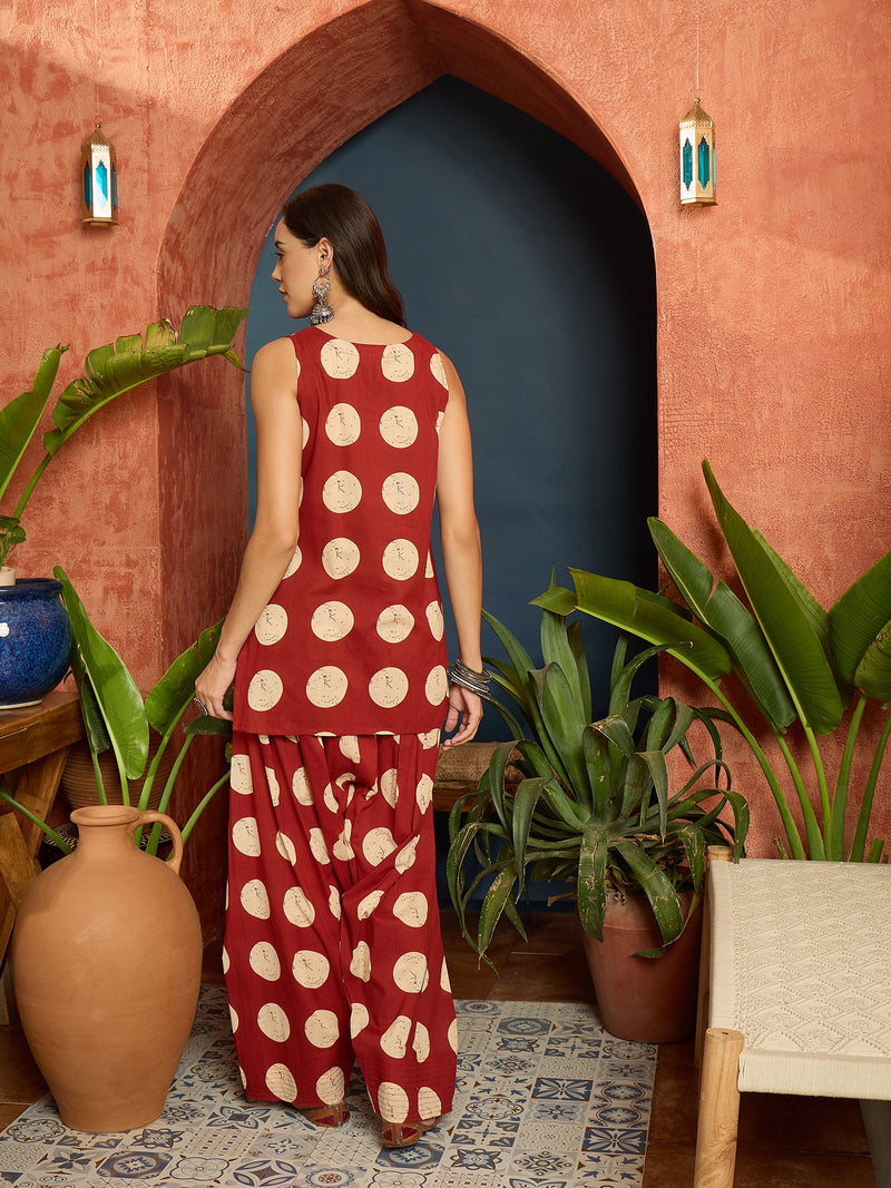 Stylum Women's Rust Polka Dot Printed Pure Cotton Straight Kurti With Farshi Salwar Set (KSRUSTGOTTEX)