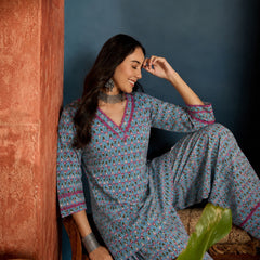 Stylum Women's Sky Ethnic Motifs Printed Cotton Straight Short Kurti With Farshi Salwar Set (KSSKYMONA)