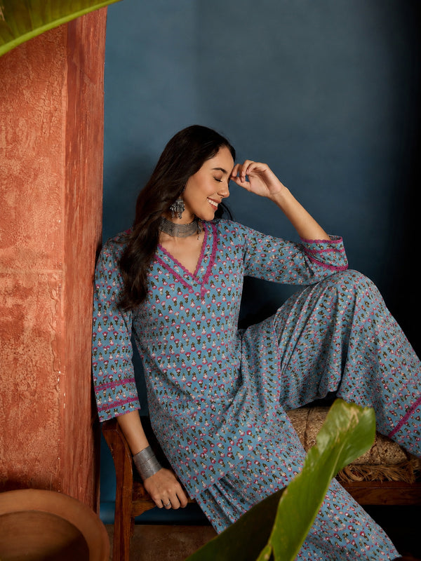 Stylum Women's Sky Ethnic Motifs Printed Cotton Straight Short Kurti With Farshi Salwar Set (KSSKYMONA)