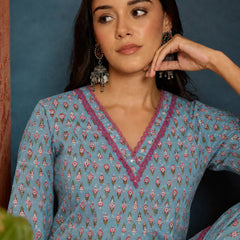Stylum Women's Sky Ethnic Motifs Printed Cotton Straight Short Kurti With Farshi Salwar Set (KSSKYMONA)