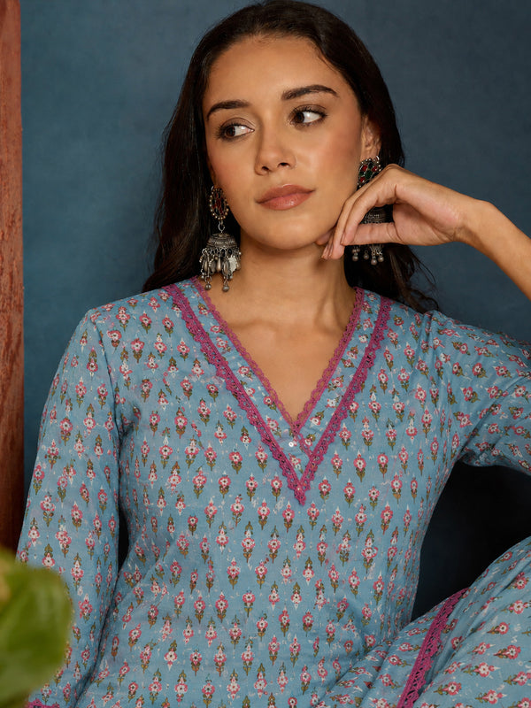 Stylum Women's Sky Ethnic Motifs Printed Cotton Straight Short Kurti With Farshi Salwar Set (KSSKYMONA)