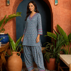Stylum Women's Sky Ethnic Motifs Printed Cotton Straight Short Kurti With Farshi Salwar Set (KSSKYMONA)