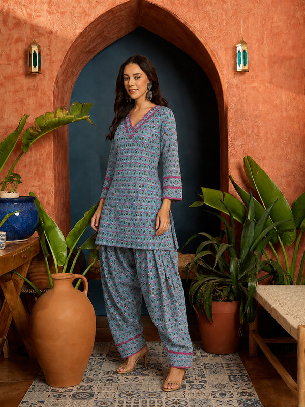 Stylum Women's Sky Ethnic Motifs Printed Cotton Straight Short Kurti With Farshi Salwar Set (KSSKYMONA)