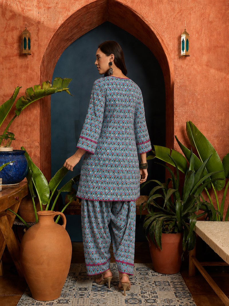 Stylum Women's Sky Ethnic Motifs Printed Cotton Straight Short Kurti With Farshi Salwar Set (KSSKYMONA)