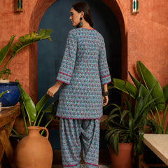 Stylum Women's Sky Ethnic Motifs Printed Cotton Straight Short Kurti With Farshi Salwar Set (KSSKYMONA)