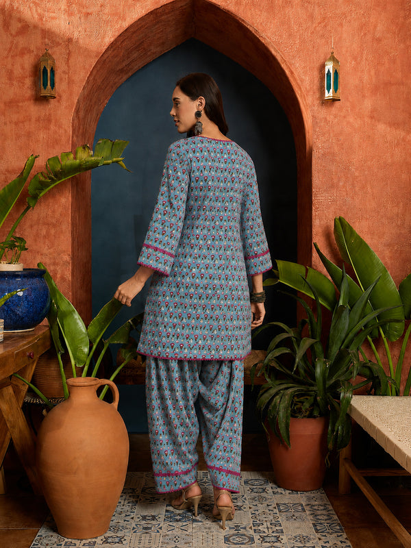Stylum Women's Sky Ethnic Motifs Printed Cotton Straight Short Kurti With Farshi Salwar Set (KSSKYMONA)