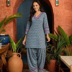 Stylum Women's Sky Ethnic Motifs Printed Cotton Straight Short Kurti With Farshi Salwar Set (KSSKYMONA)