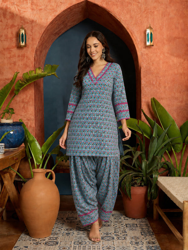 Stylum Women's Sky Ethnic Motifs Printed Cotton Straight Short Kurti With Farshi Salwar Set (KSSKYMONA)