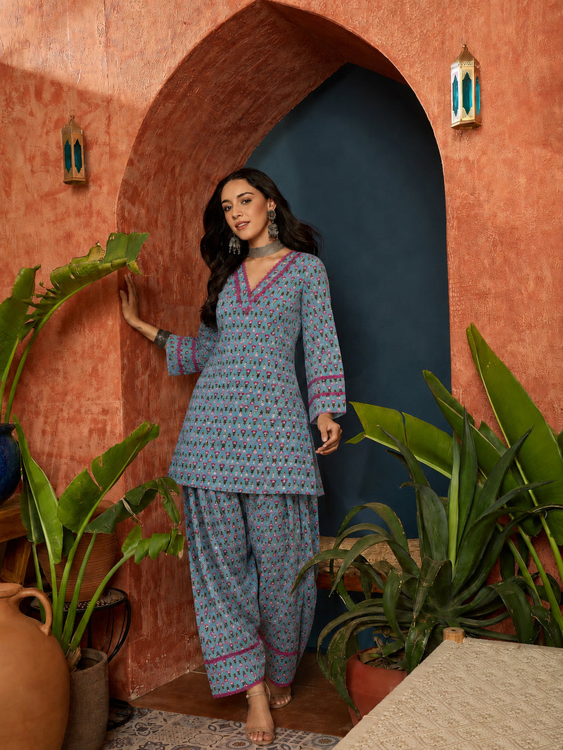 Stylum Women's Sky Ethnic Motifs Printed Cotton Straight Short Kurti With Farshi Salwar Set (KSSKYMONA)