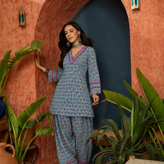 Stylum Women's Sky Ethnic Motifs Printed Cotton Straight Short Kurti With Farshi Salwar Set (KSSKYMONA)