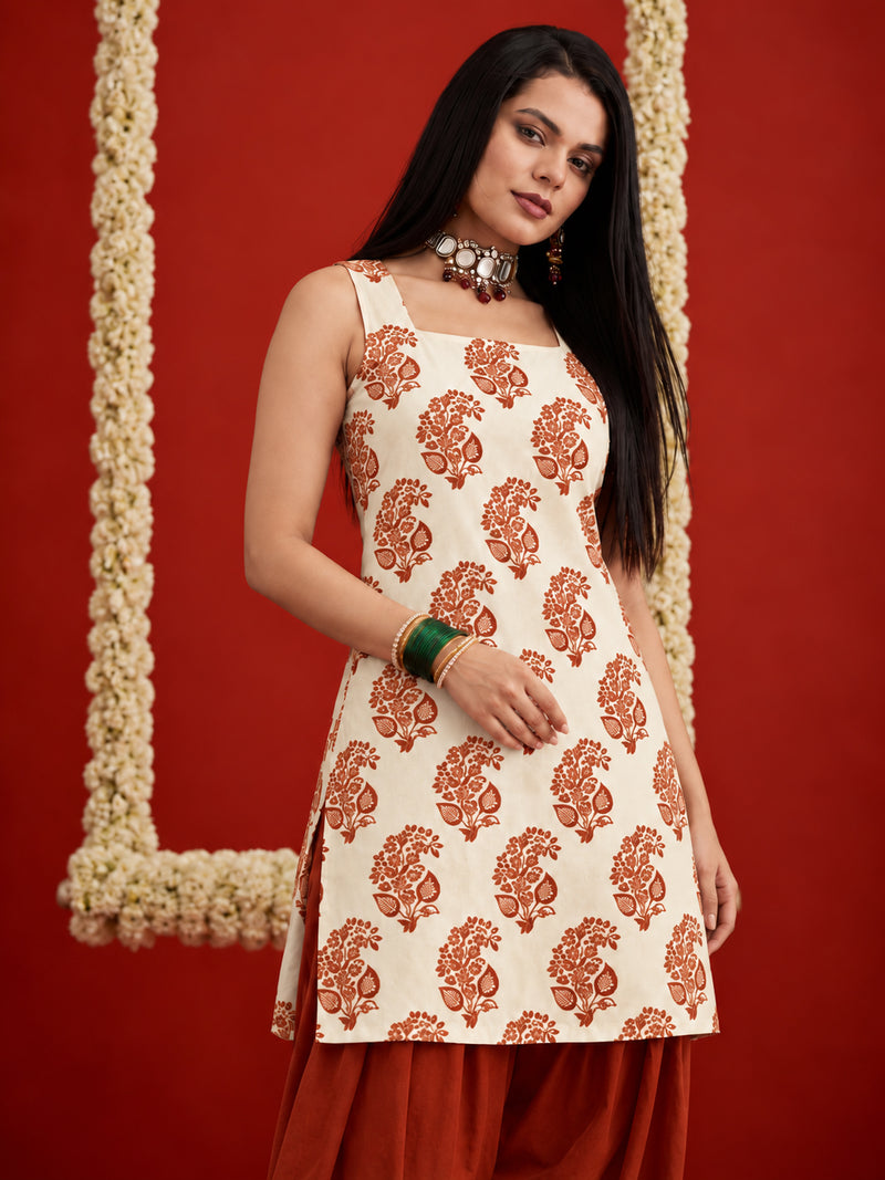 Stylum Women's White Printed Rayon Short Kurti With Farshi Salwar Set (KSWHITEHAYATT)
