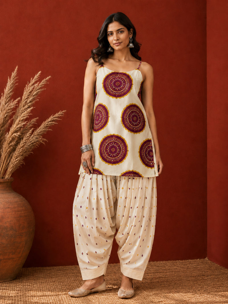 Stylum Women's Wine Bandhej Printed Pure Cotton Staright Short Kurti With Farshi Salwar (KSWINETROLLY)