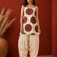 Stylum Women's Wine Bandhej Printed Pure Cotton Staright Short Kurti With Farshi Salwar (KSWINETROLLY)