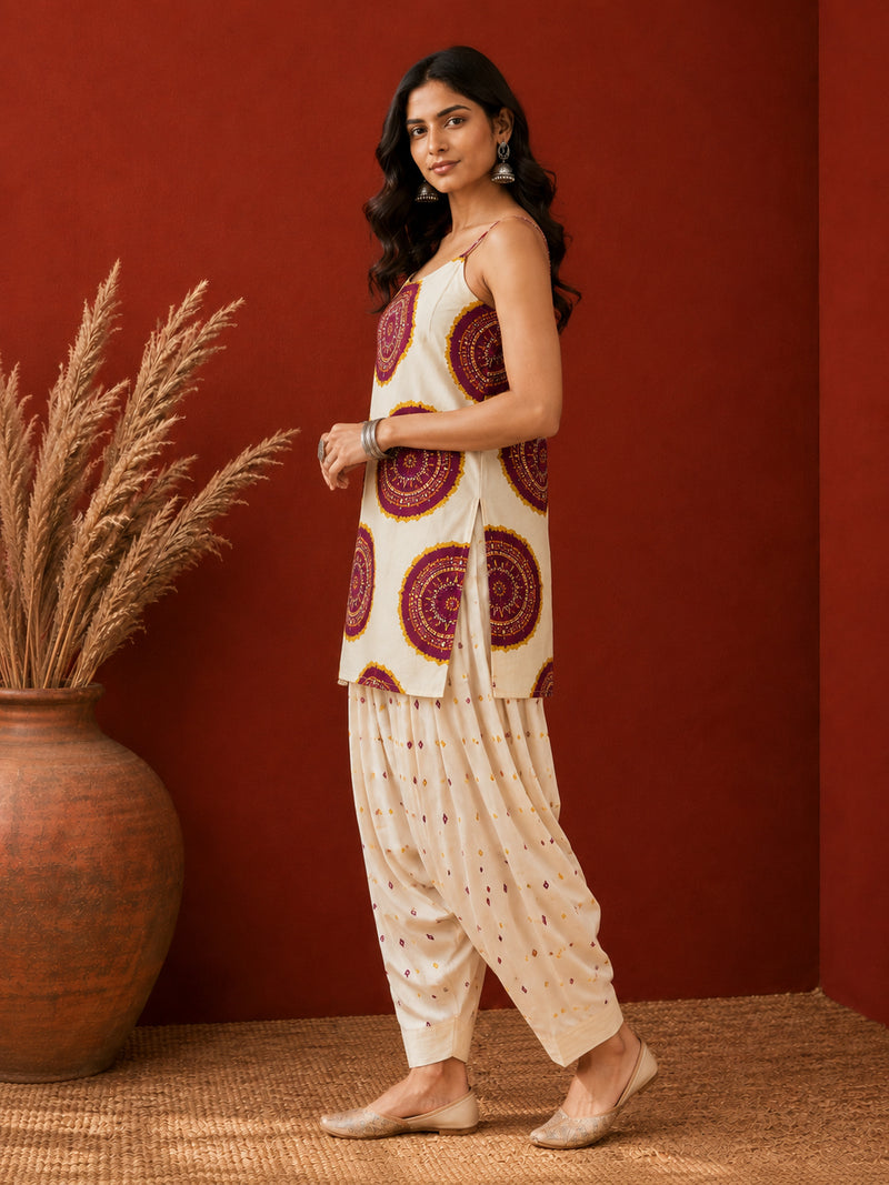Stylum Women's Wine Bandhej Printed Pure Cotton Staright Short Kurti With Farshi Salwar (KSWINETROLLY)