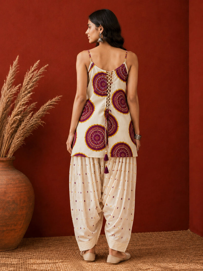 Stylum Women's Wine Bandhej Printed Pure Cotton Staright Short Kurti With Farshi Salwar (KSWINETROLLY)