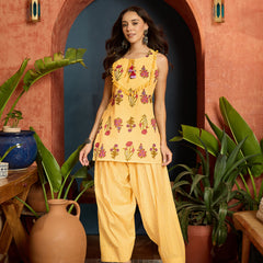 Stylum Women's Yellow Floral Printed Pure Cotton Straight Short Kurti With Farshi Salwar Set (KSYELLOWFIDA)