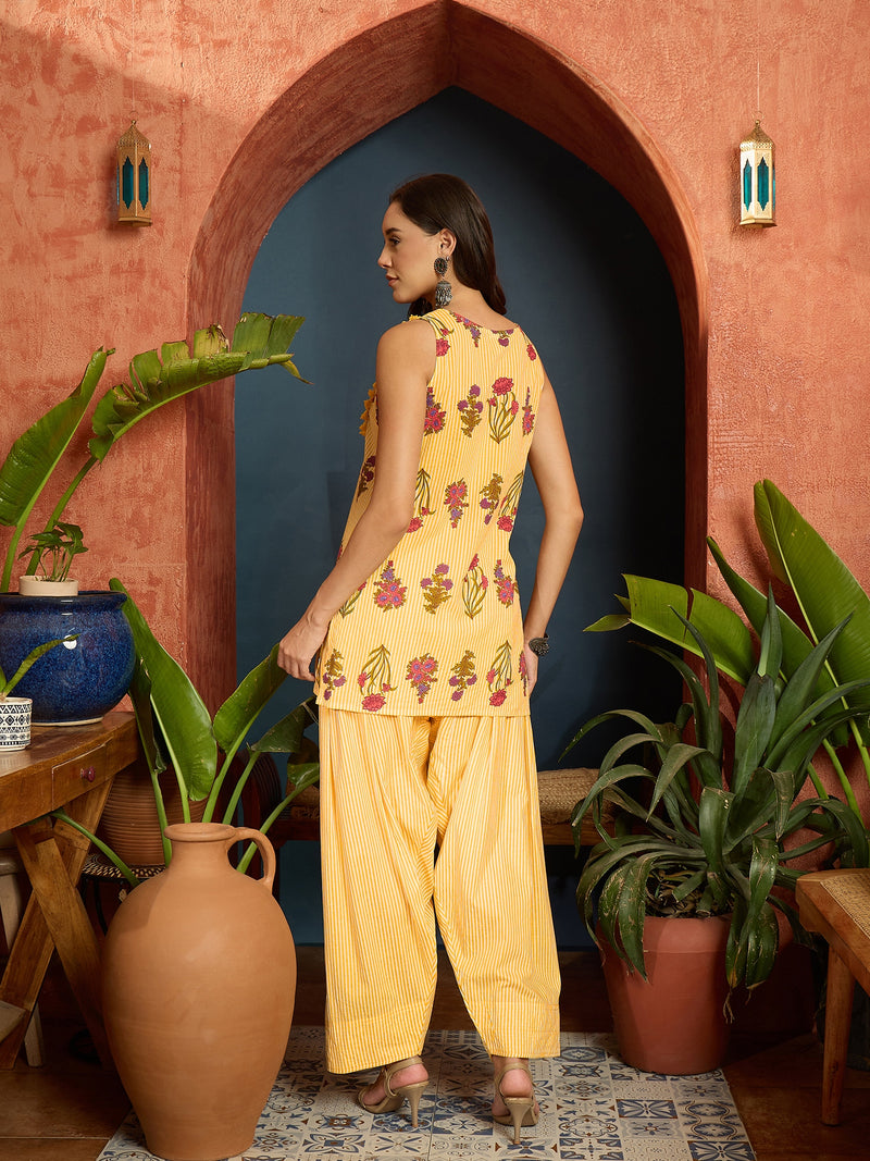 Stylum Women's Yellow Floral Printed Pure Cotton Straight Short Kurti With Farshi Salwar Set (KSYELLOWFIDA)