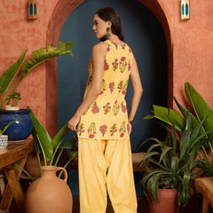 Stylum Women's Yellow Floral Printed Pure Cotton Straight Short Kurti With Farshi Salwar Set (KSYELLOWFIDA)