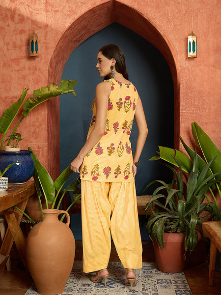 Stylum Women's Yellow Floral Printed Pure Cotton Straight Short Kurti With Farshi Salwar Set (KSYELLOWFIDA)