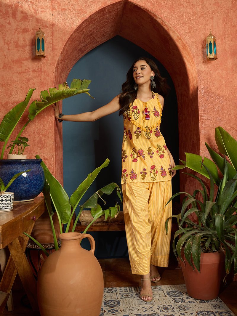 Stylum Women's Yellow Floral Printed Pure Cotton Straight Short Kurti With Farshi Salwar Set (KSYELLOWFIDA)