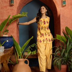 Stylum Women's Yellow Floral Printed Pure Cotton Straight Short Kurti With Farshi Salwar Set (KSYELLOWFIDA)