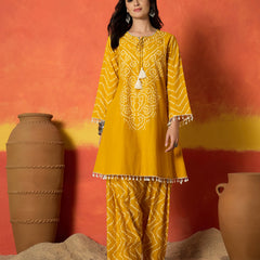 Stylum Women's Yellow Bandhej Printed Pure Cotton A-Line Kurti With Farshi Salwar (KSYELLOWNAYIKA)