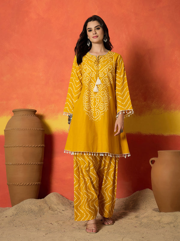 Stylum Women's Yellow Bandhej Printed Pure Cotton A-Line Kurti With Farshi Salwar (KSYELLOWNAYIKA)
