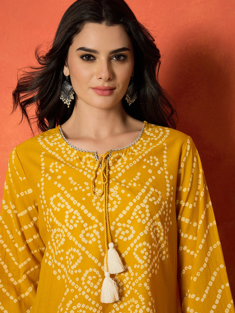 Stylum Women's Yellow Bandhej Printed Pure Cotton A-Line Kurti With Farshi Salwar (KSYELLOWNAYIKA)