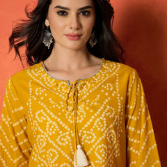 Stylum Women's Yellow Bandhej Printed Pure Cotton A-Line Kurti With Farshi Salwar (KSYELLOWNAYIKA)