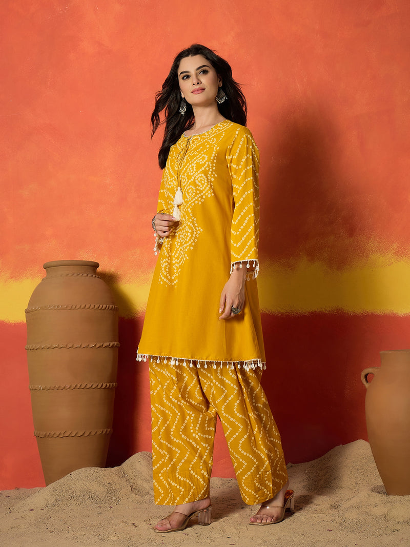 Stylum Women's Yellow Bandhej Printed Pure Cotton A-Line Kurti With Farshi Salwar (KSYELLOWNAYIKA)